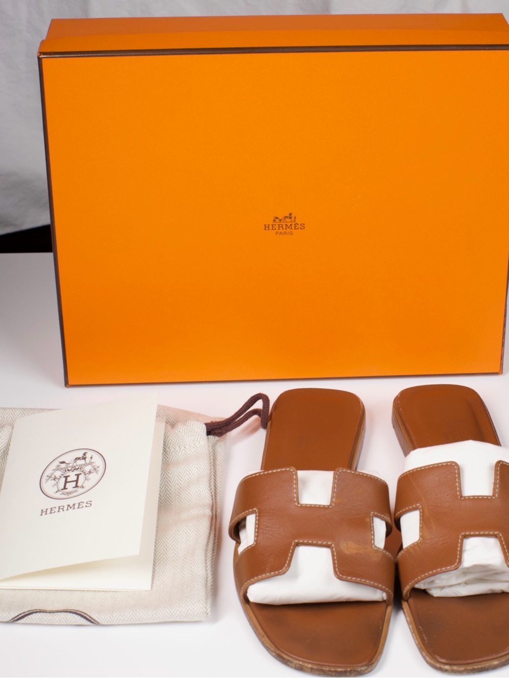Hermes Brown Oran Leather Slide Sandals
